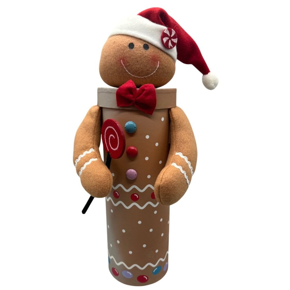 Jetmax Gingerbread Man Decorative Christmas Container With Santa Hat 16" READ